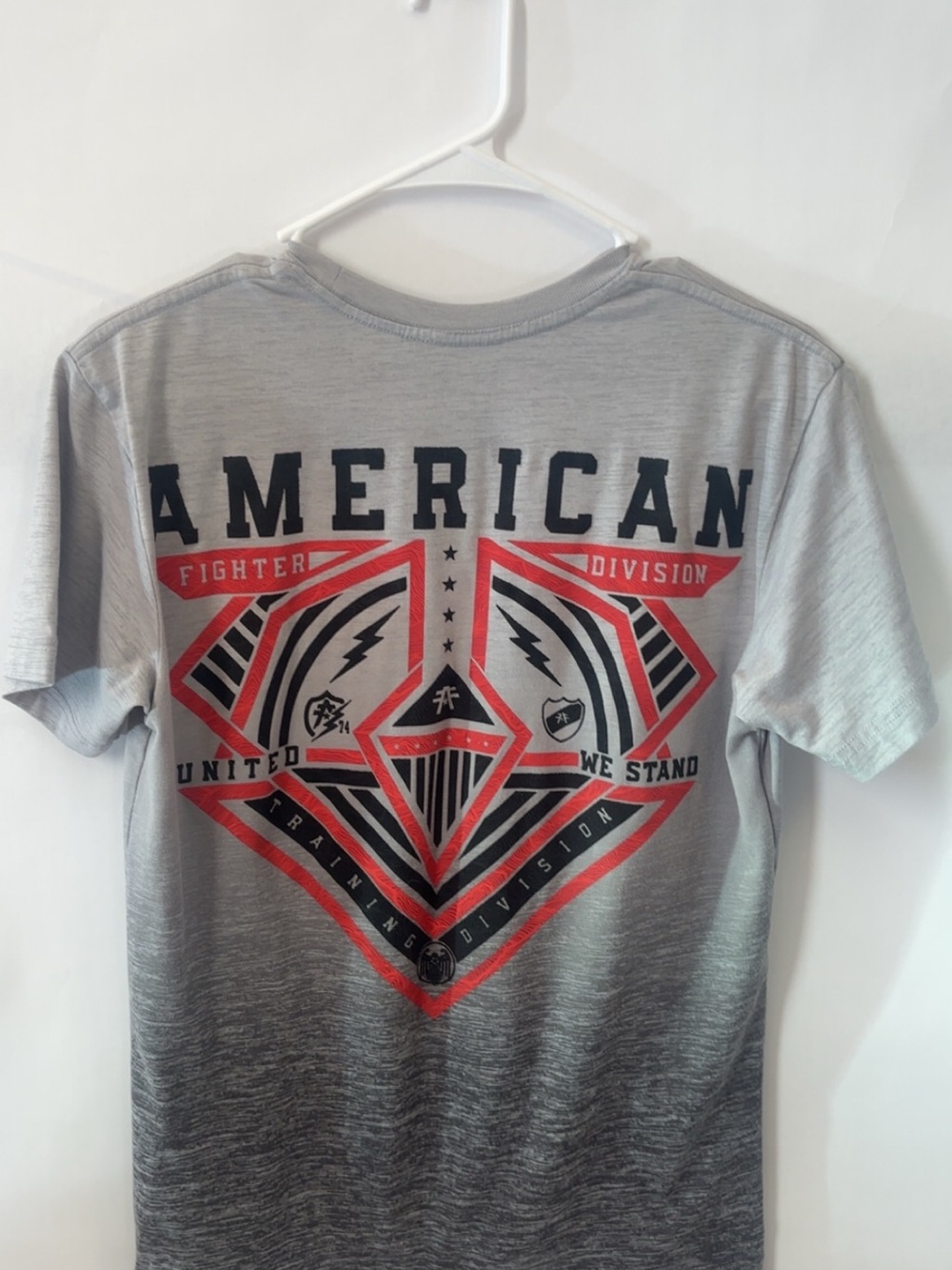 American Fighter Gray Ombre Tee with Red and Black Graphic